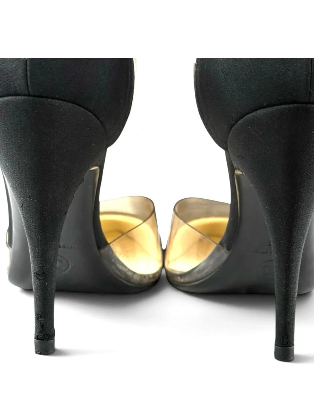 Chanel Black Fabric & Clear PVC Pointed-Toe Heels – Size 37.5